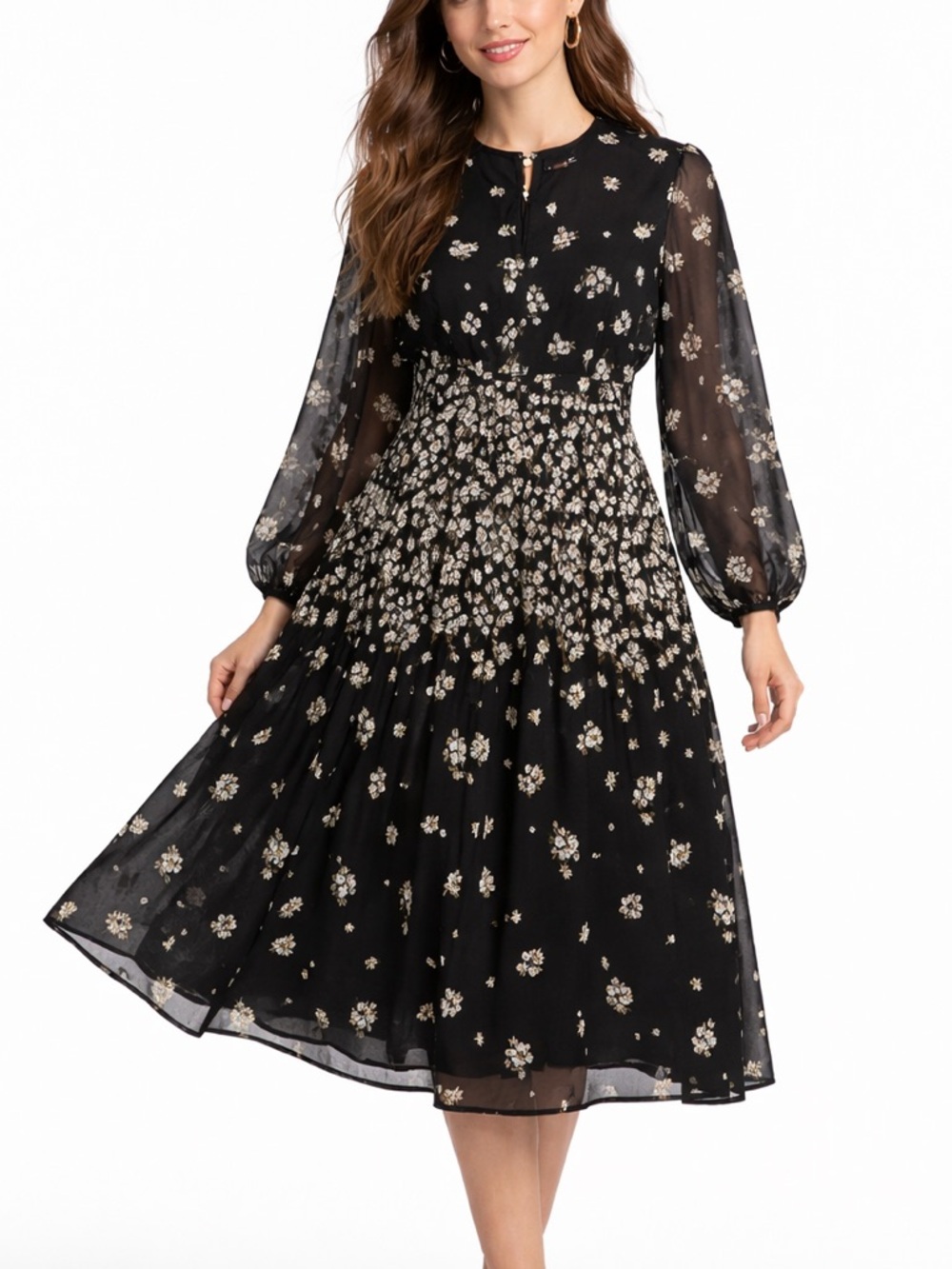 Tommy Hilfiger Black Floral Chiffon Dress Size 14 Long Sleeve Keyhole
